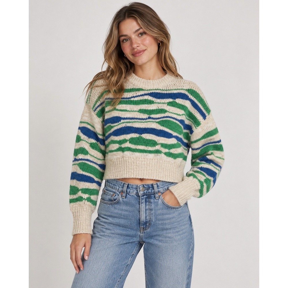 Aerie Women's M Cream Green Blue Wavy Stripe Cropped Knit Sweater Wool Blend